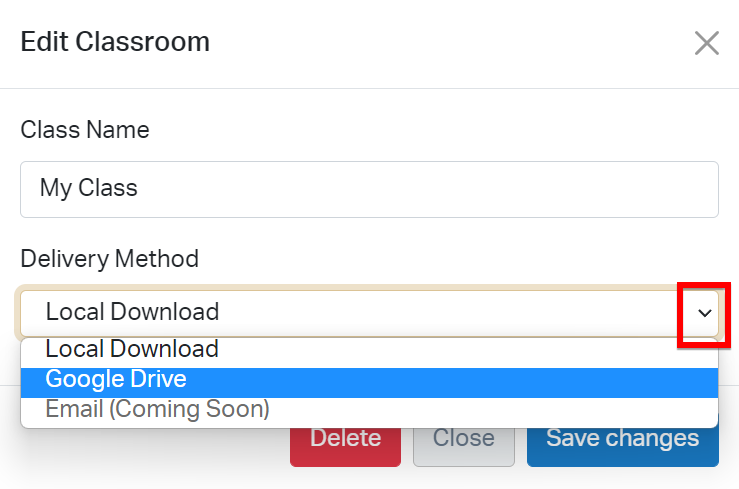 VEXcode VR menu showing delivery method options for sharing a project file