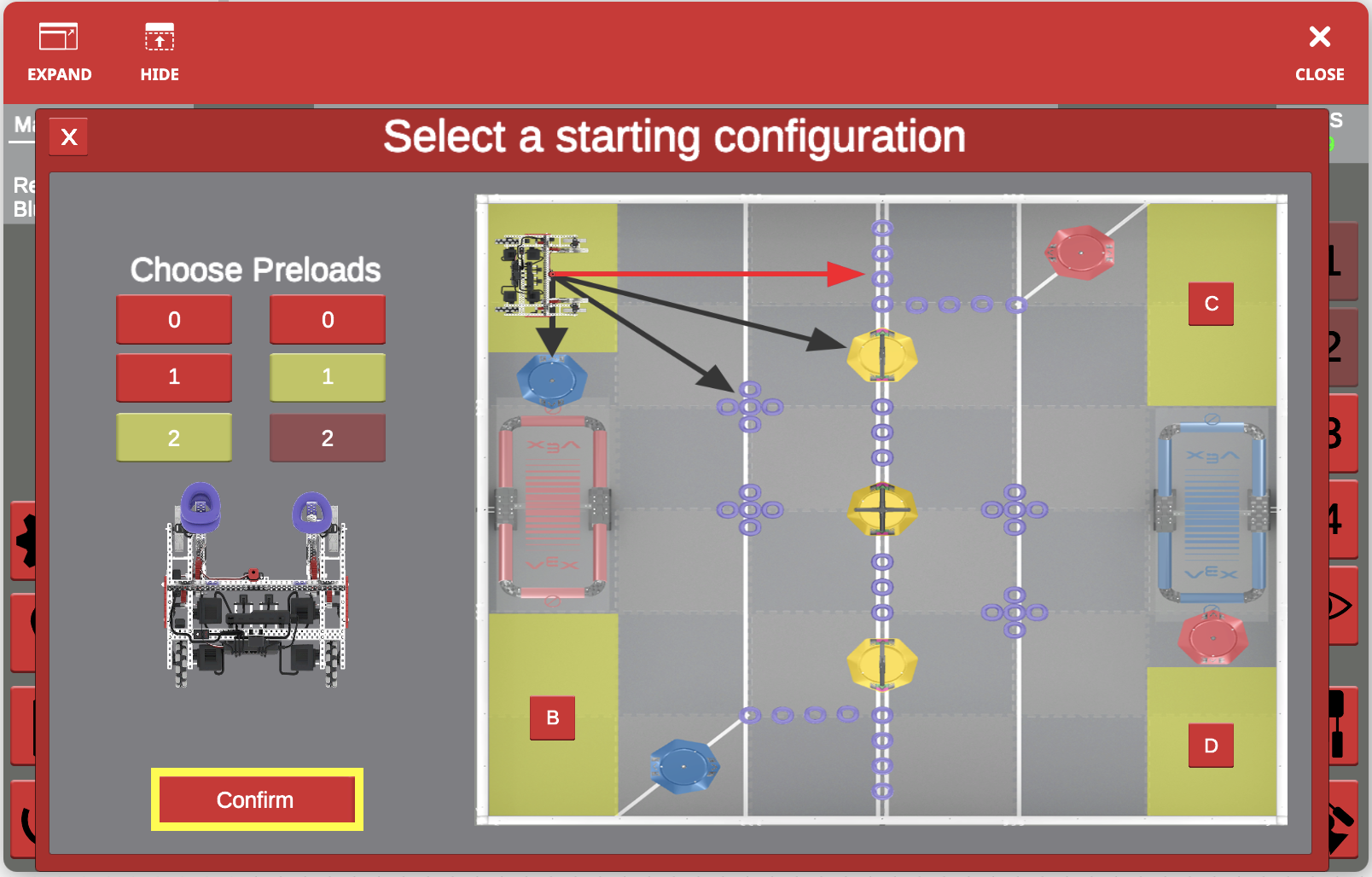 Starting configuration options for the V5RC Tipping Point virtual robot in VEXcode VR