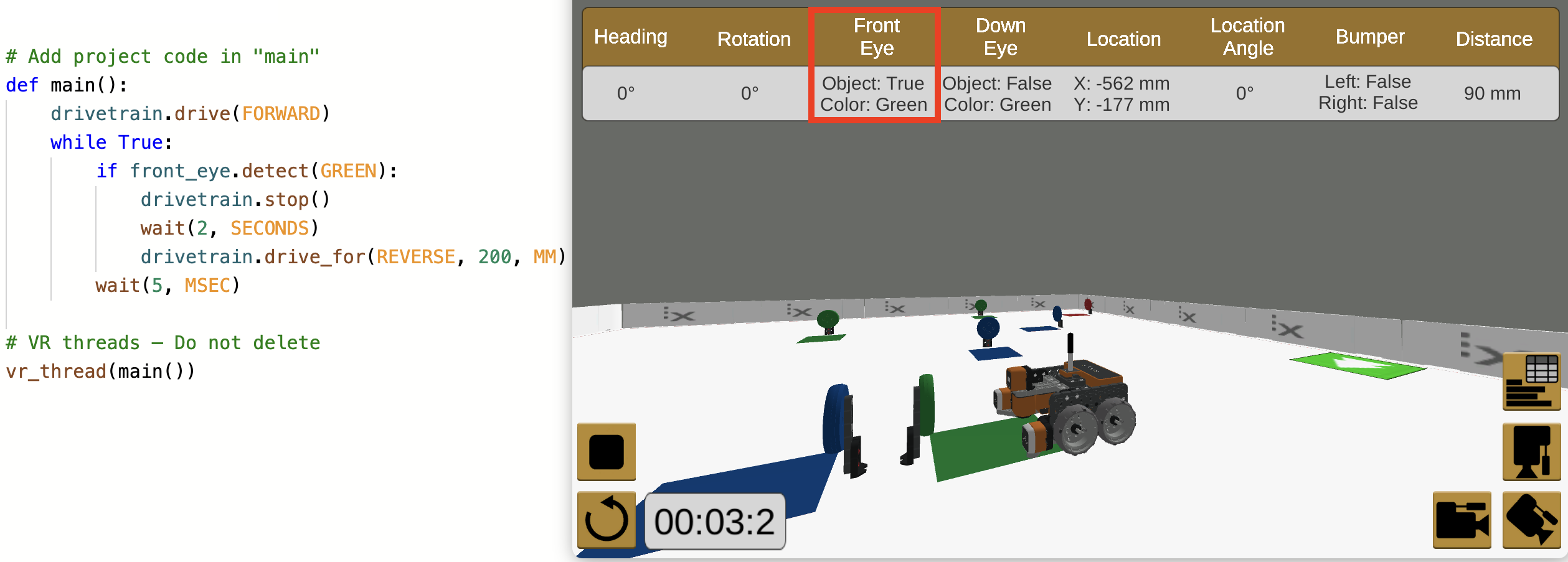 VEXcode VR workspace with a Python project and the VR robot playground used for the Eye Sensor tutorial