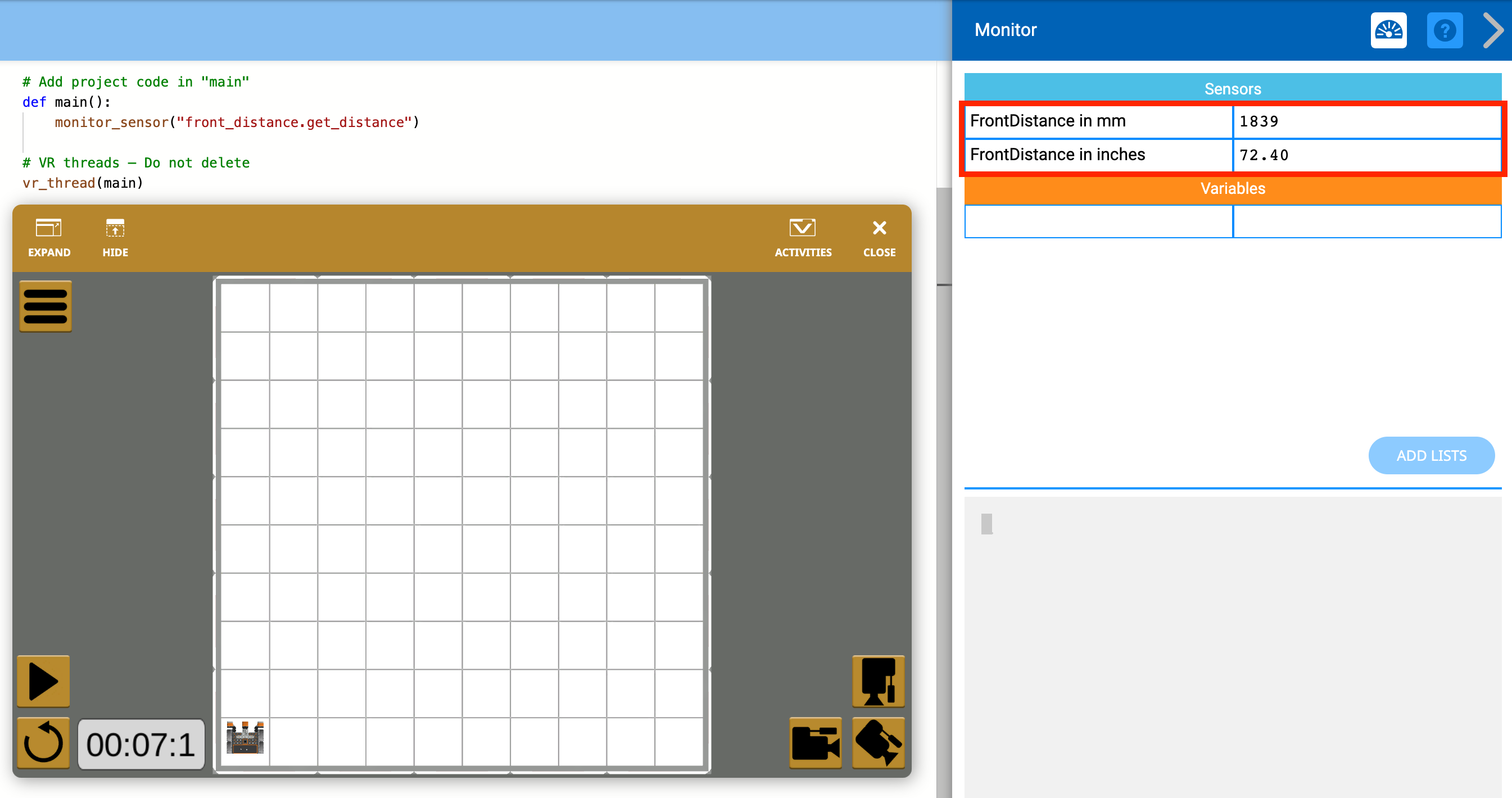 Screenshot of the VEXcode VR programming interface, showcasing the block-based coding environment used for teaching coding concepts and robotics principles in a virtual setting.