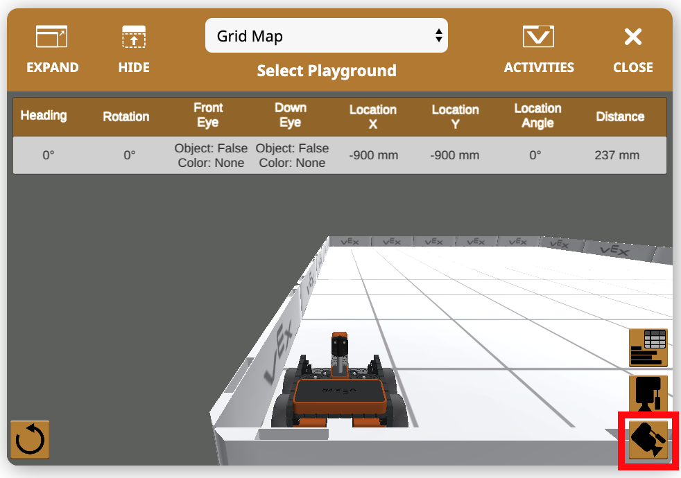 Dashboard showing the Chase Camera view tracking the VR robot in the Playground