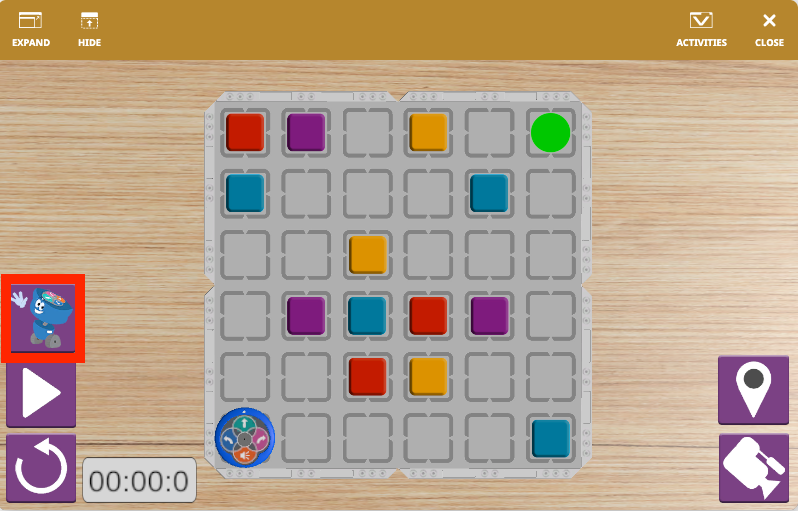 123 Playspace activity selection screen with available activities and coding workspace