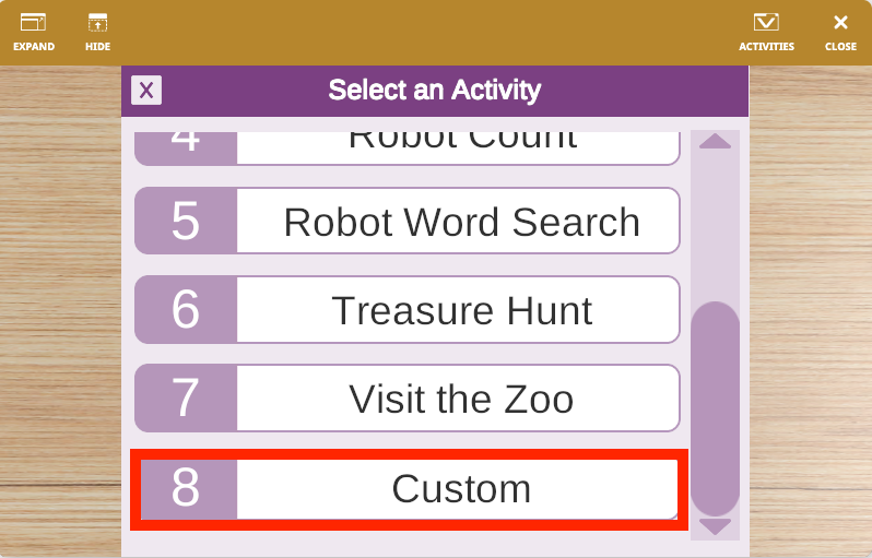 Menu for selecting a 123 Playspace activity in VEXcode VR