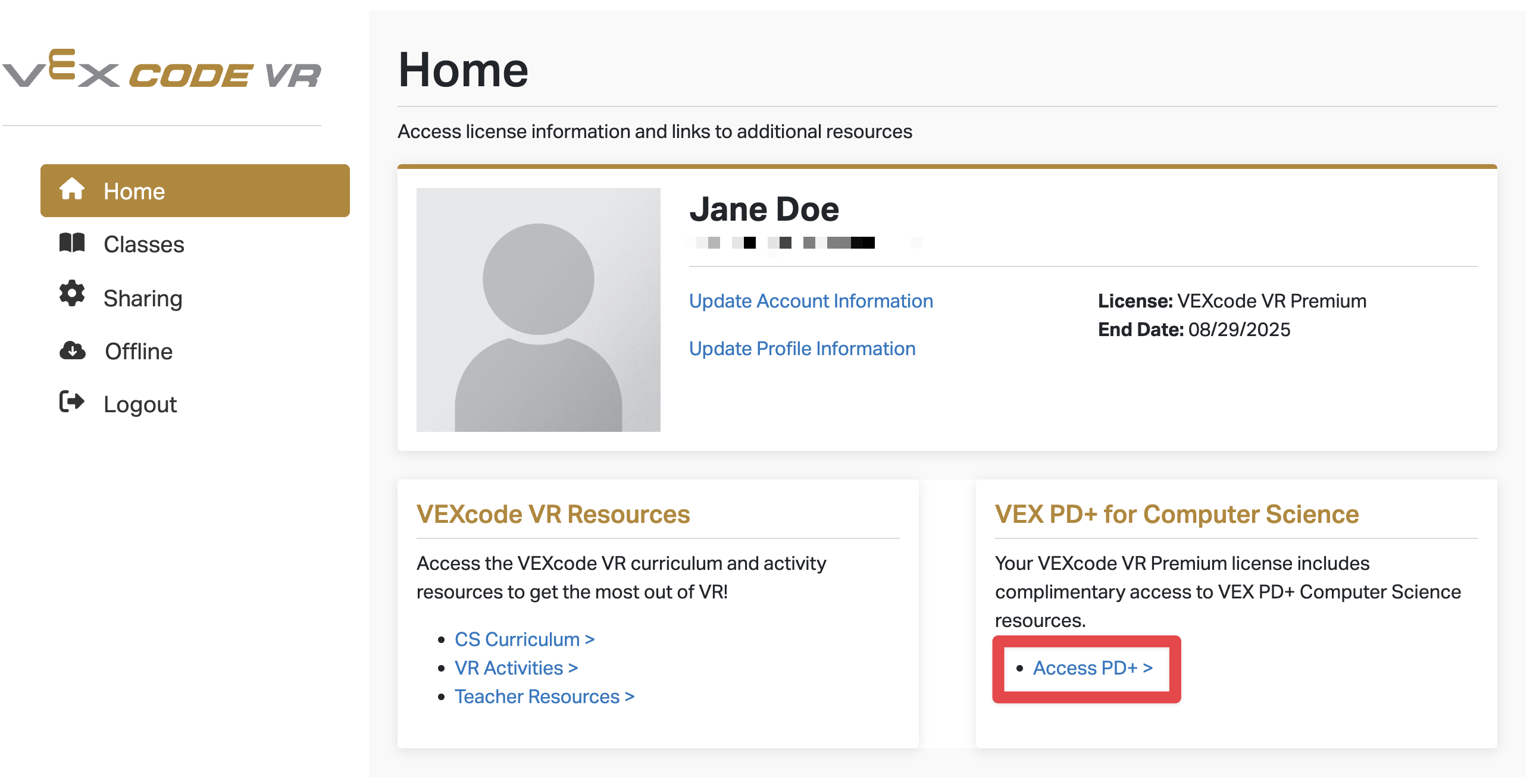 PD+ button in VEXcode VR Premium dashboard