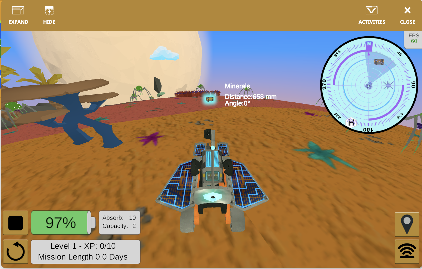 VEXcode VR workspace with the Rover Rescue playground and block-based code for controlling the virtual robot