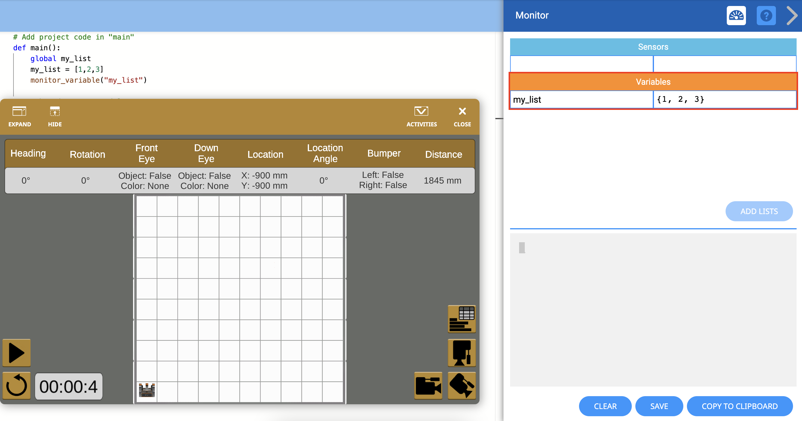 Screenshot of VEXcode VR interface showing block-based coding elements, designed for teaching coding concepts through virtual robotics in an educational setting.