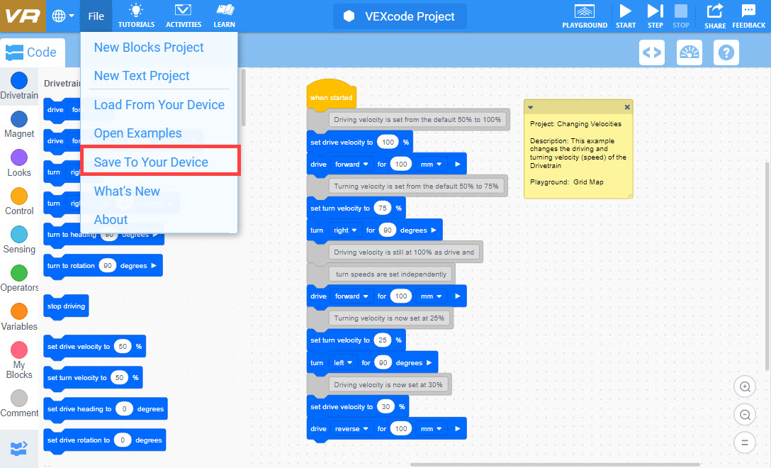 VEXcode VR workspace with the Example Projects menu open and a blocks project loaded