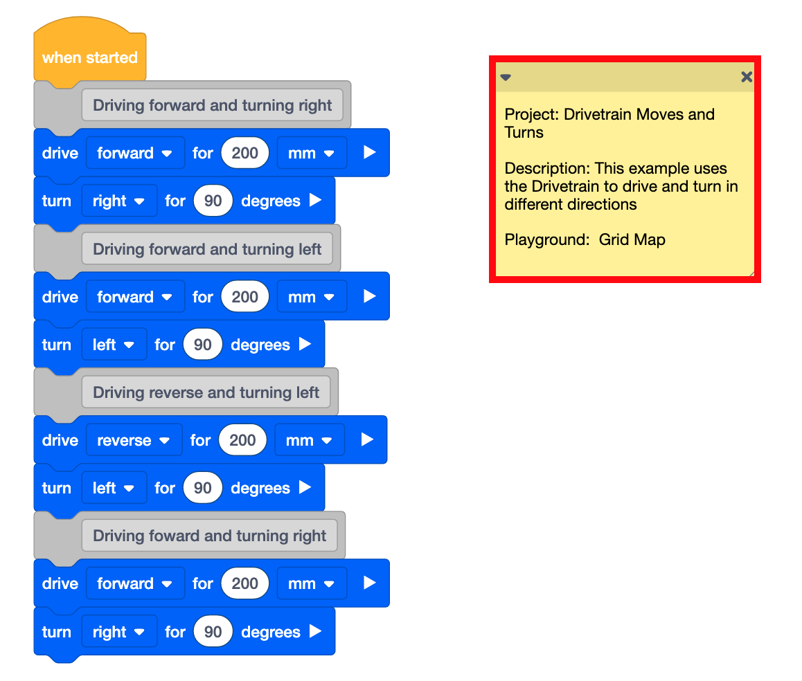 Example Blocks menu showing available project categories in VEXcode VR