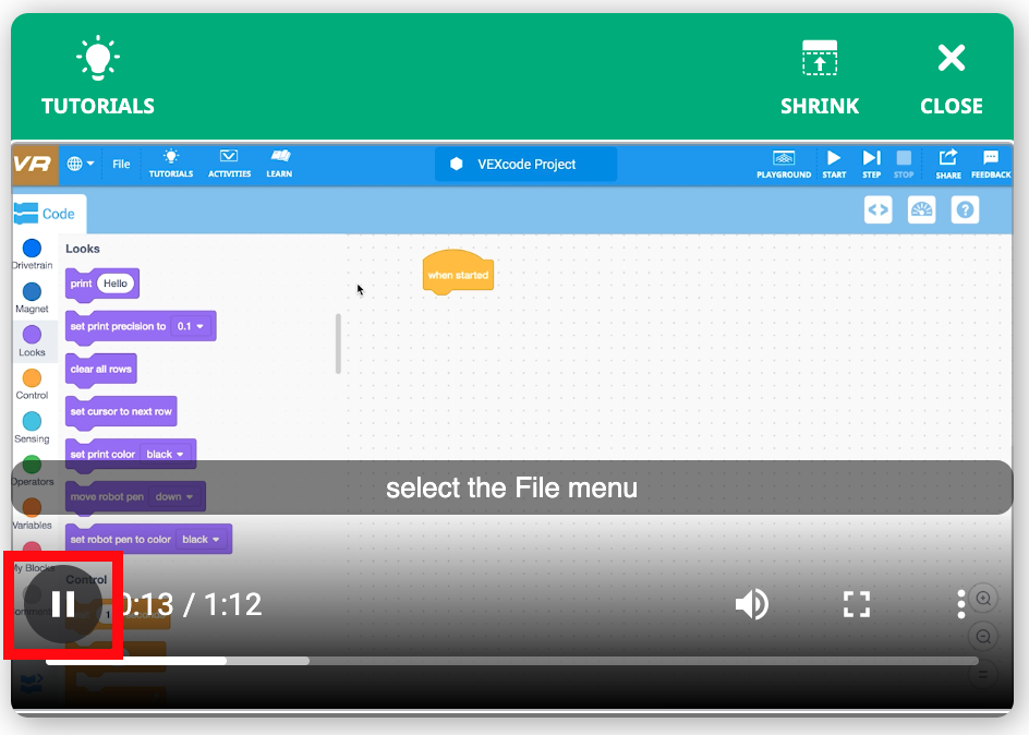 Pause button in the Project Help tutorial video controls