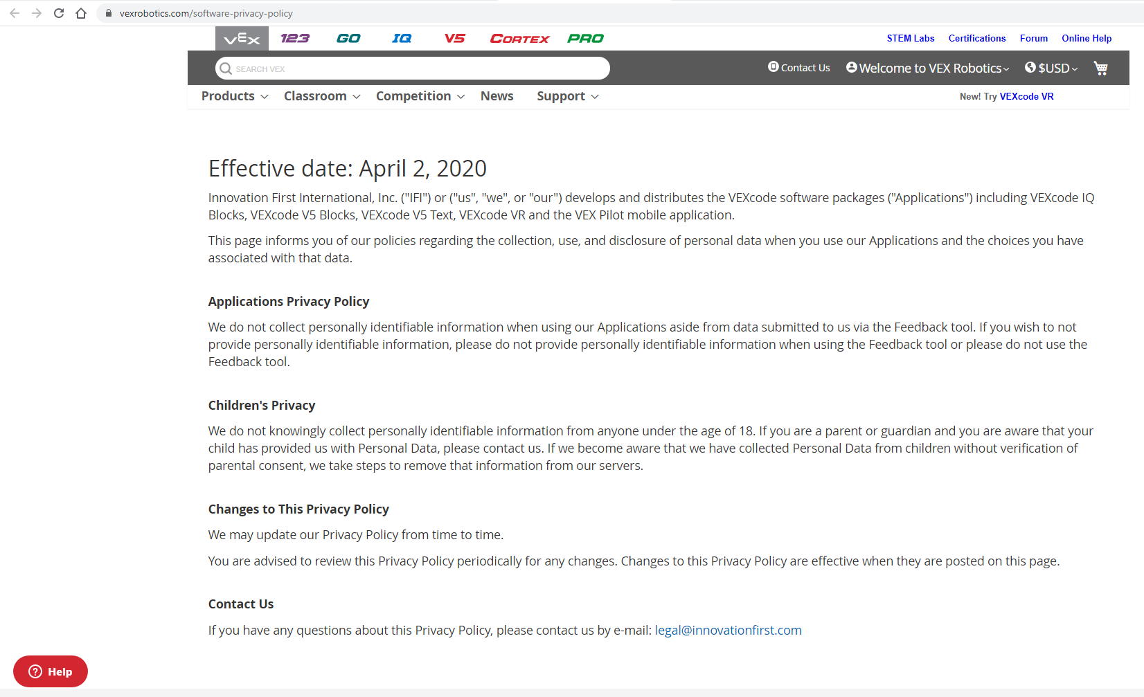 Privacy Policy page explaining how VEXcode VR uses and protects user data