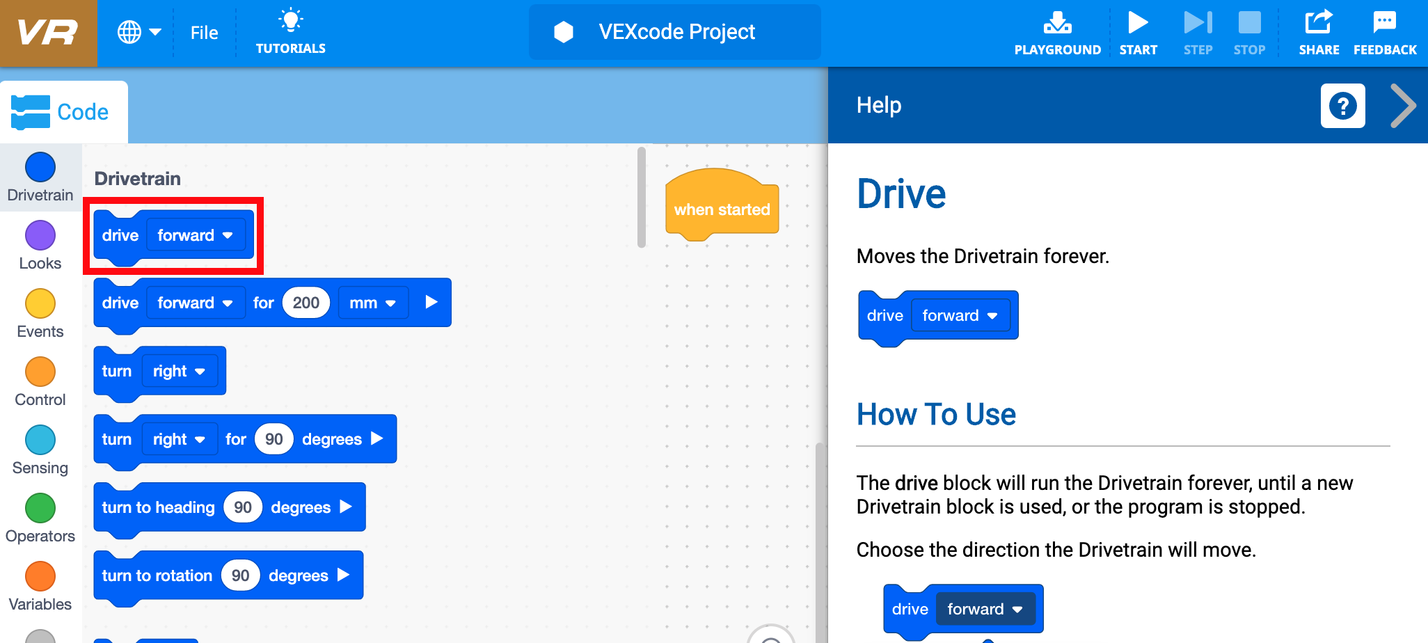 Help panel with block descriptions and coding guidance for a VEXcode VR Blocks project