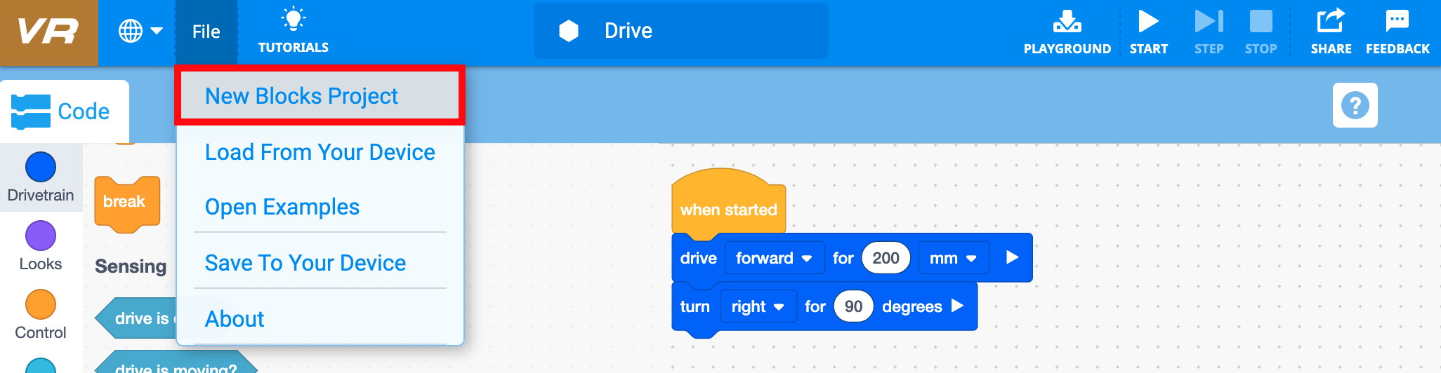 New VEXcode VR Blocks project with the workspace and block categories visible