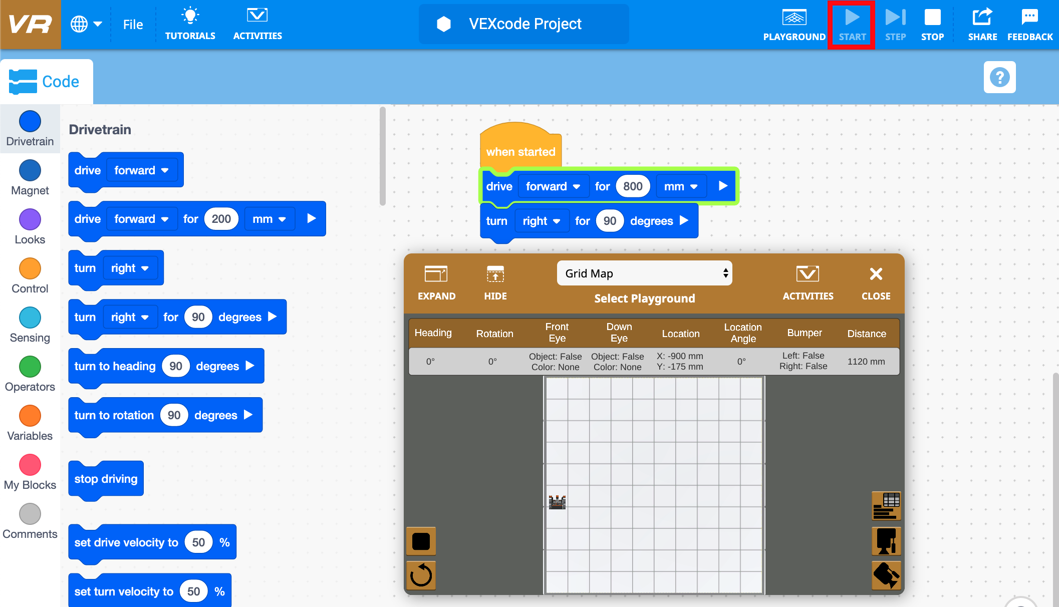 Start button in VEXcode VR to run a Blocks project