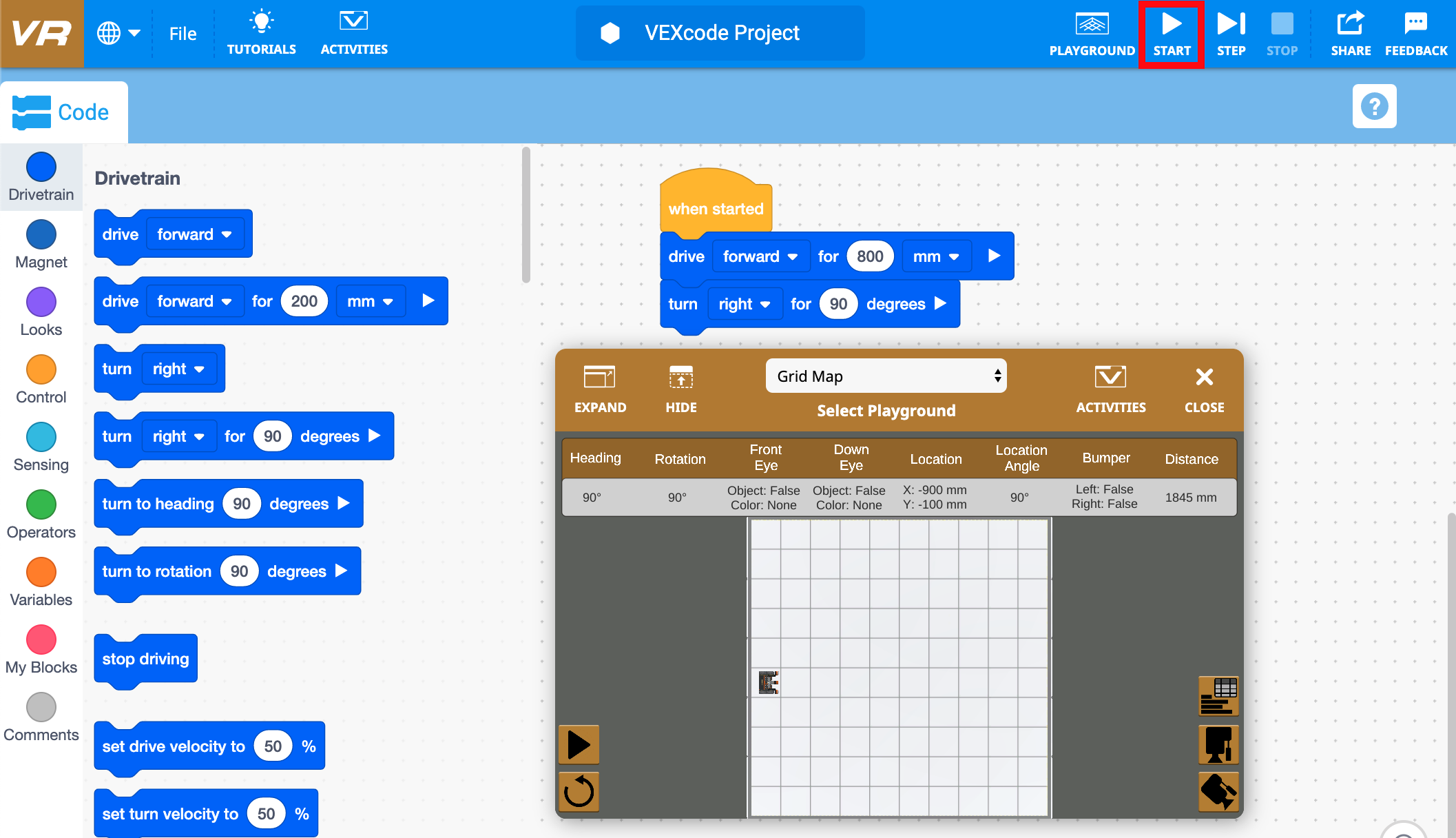 Start button in the Blocks toolbar runs the VEXcode VR project