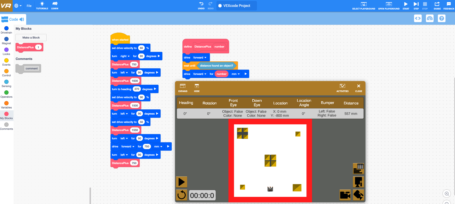 VEXcode VR workspace showing block coding, project controls, and the virtual robot playground