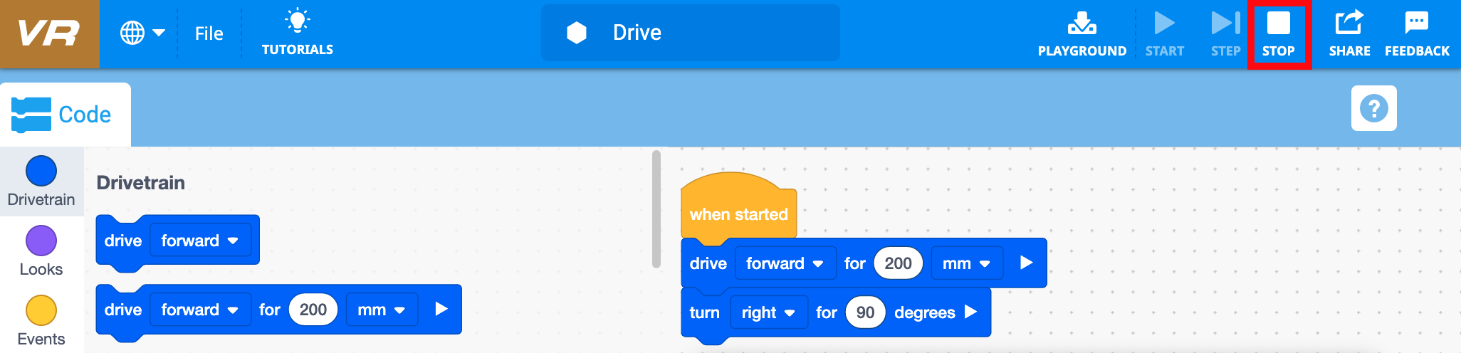 Stop button to end a running project in VEXcode VR