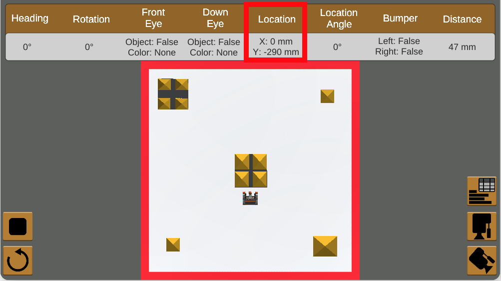 Location Sensor position on the VR robot used to measure x- and y-coordinates