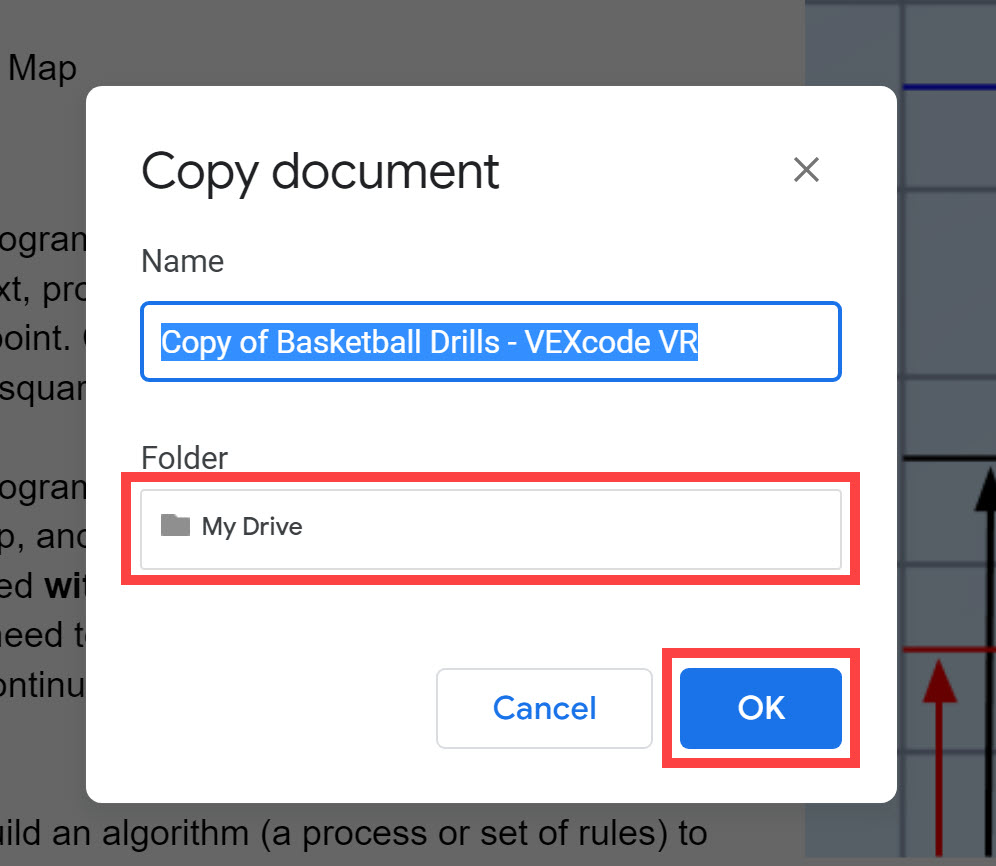 Playground toolbar showing where to access customized Google Drive resources in VEXcode VR