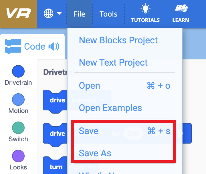 Save option in the VEXcode VR File menu on macOS