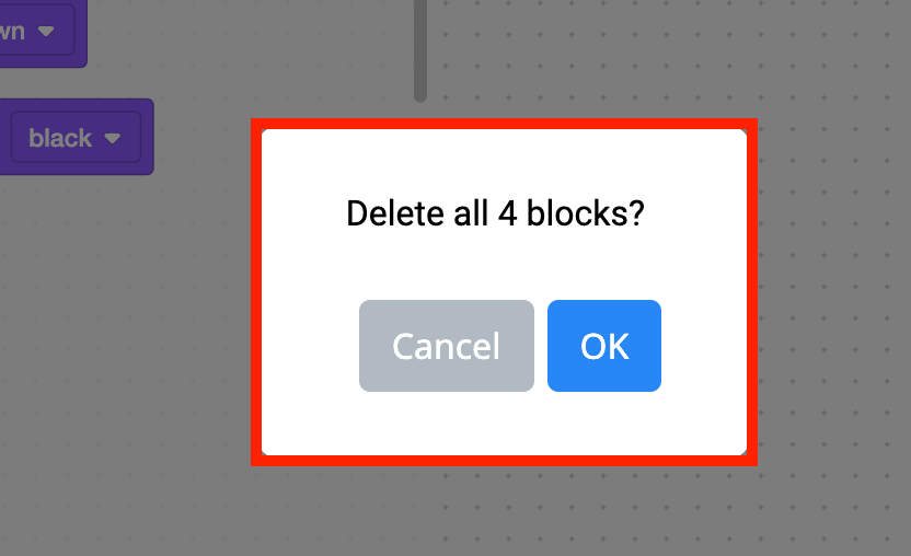 Block selected in the VEXcode VR workspace for deletion