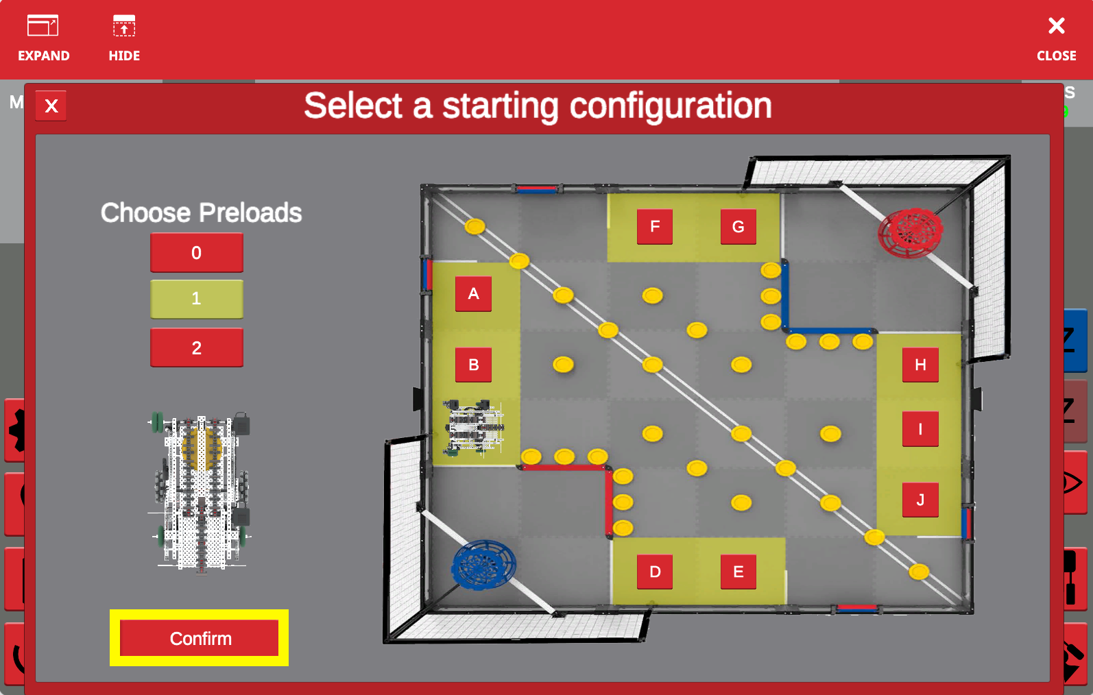Spin Up Playground showing starting position options for the virtual robot