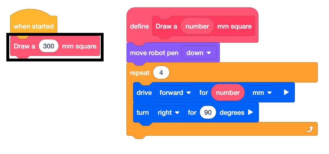 My Blocks palette with the custom Draw a Square block available for use