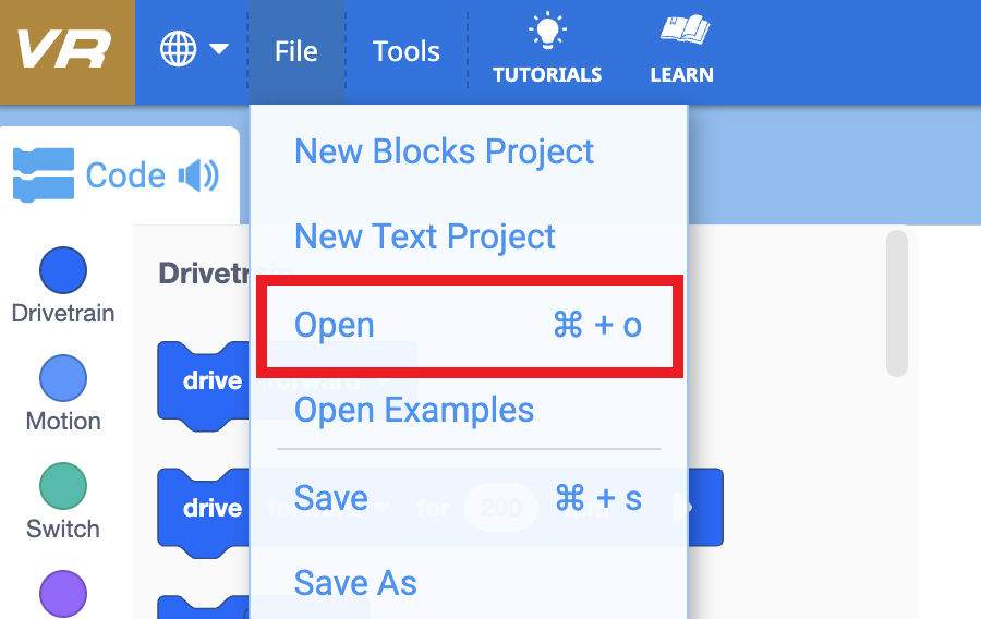 File menu showing Open Project and Save options on macOS