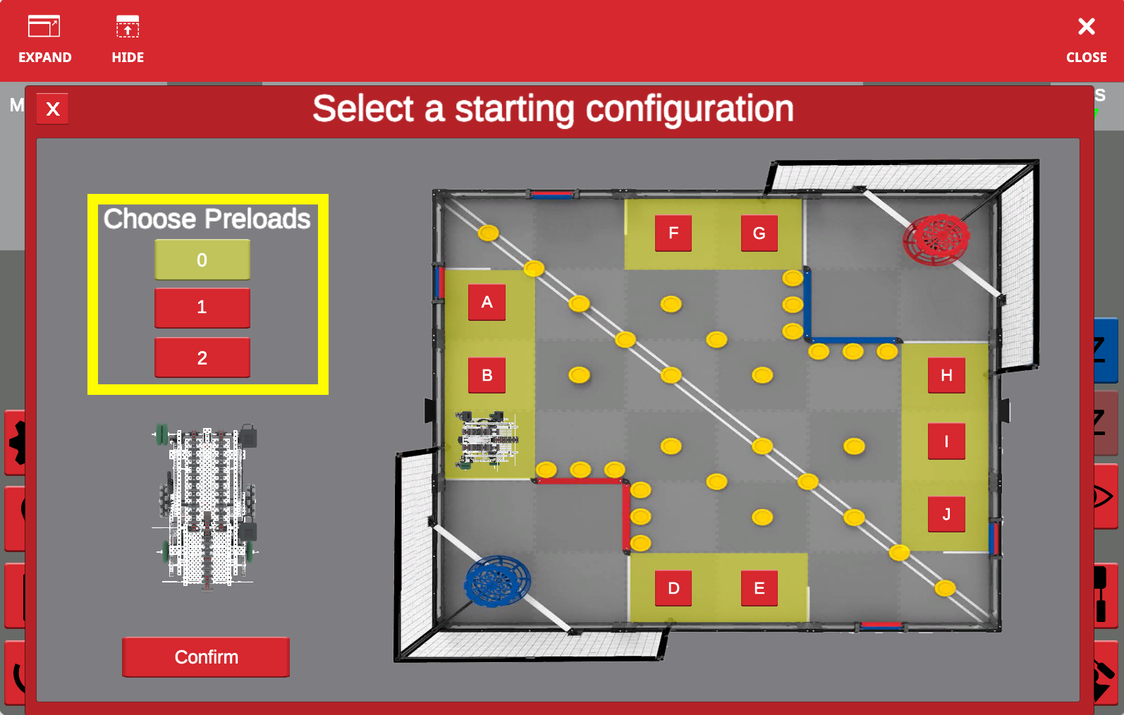 VEXcode VR Spin Up Playground showing the field and block workspace for selecting a starting configuration