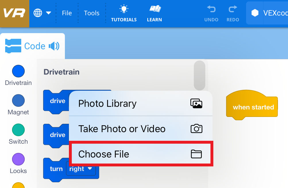 Files option in the Load menu to open a VEXcode VR project on iPad