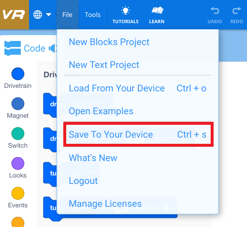 Project menu with Save to your device selected