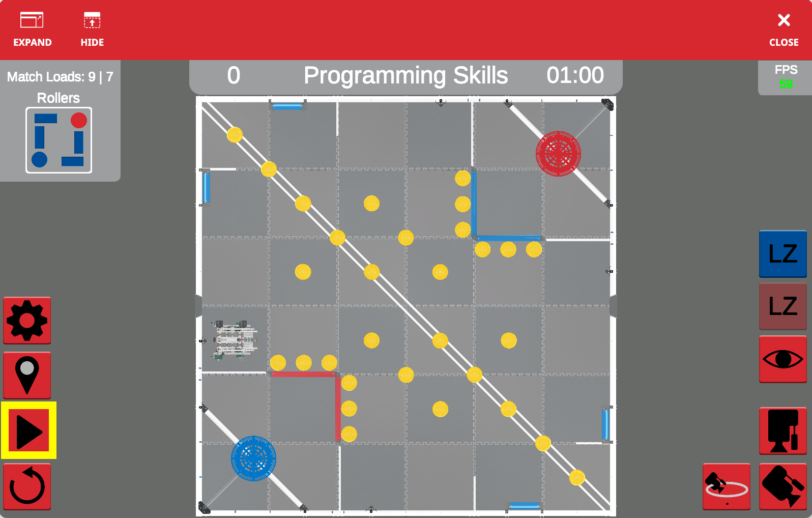 VEXcode VR Playground window showing the V5RC Spin Up field, block workspace, and robot controls