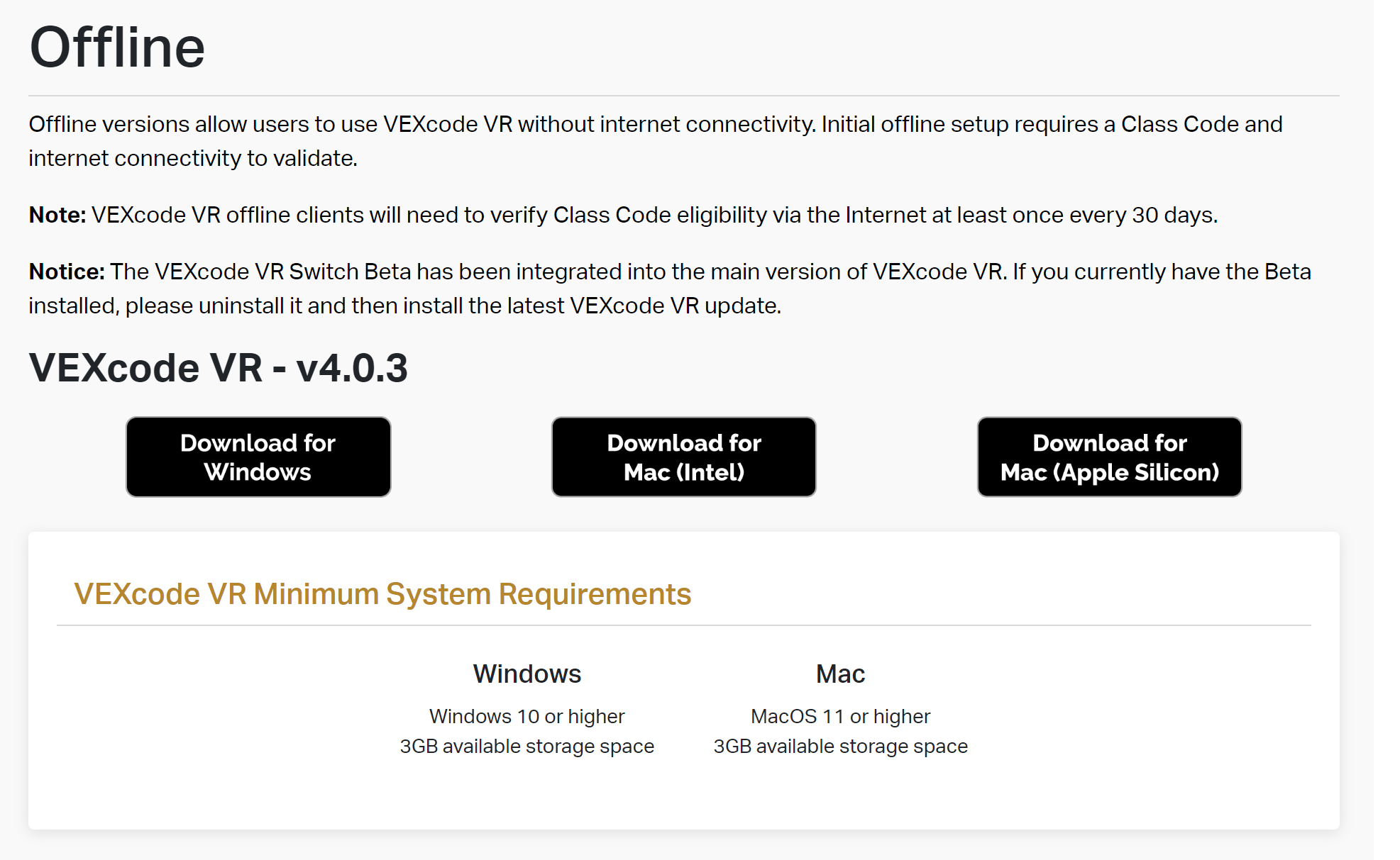 VEXcode VR launch screen with options to start coding offline or open existing projects