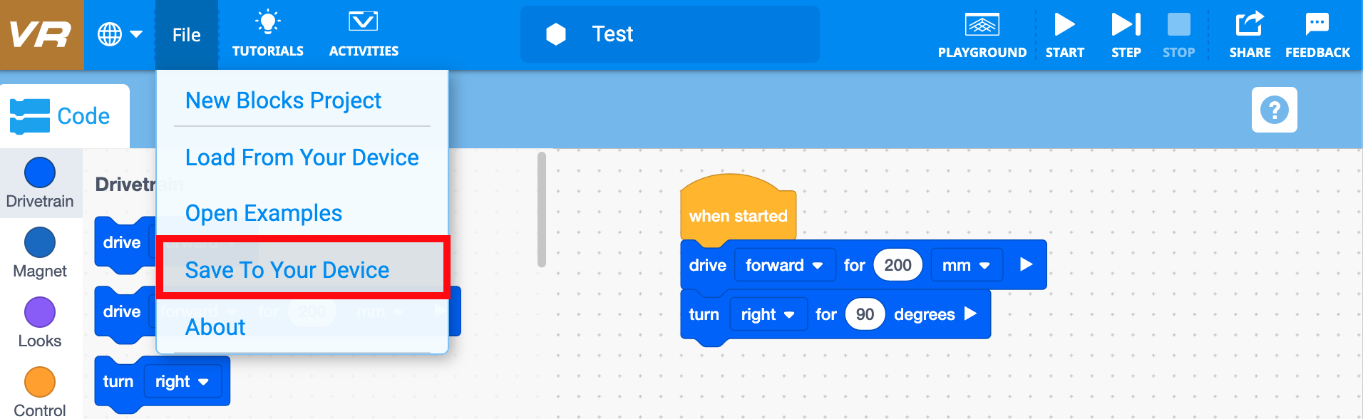 Project menu with Save to your device selected