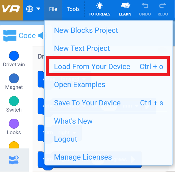 File menu showing options to load a project from your device or save a project to your device