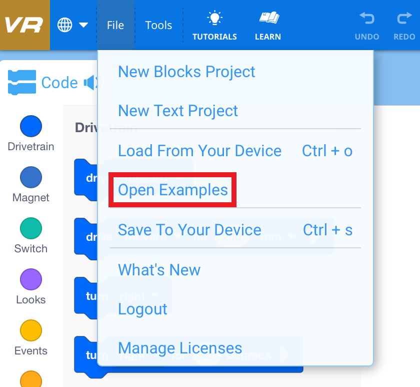 Save to your device option in the VEXcode VR project menu