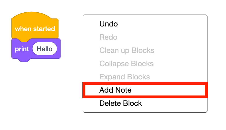 Add Note option in the File menu of a VEXcode VR Blocks project