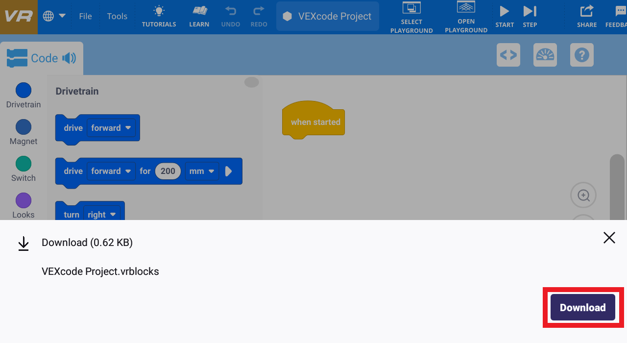 Save to your device option in the VEXcode VR menu on Android