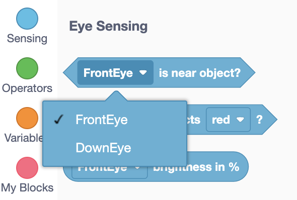 Eye found object block with Front Eye selected in the sensor dropdown