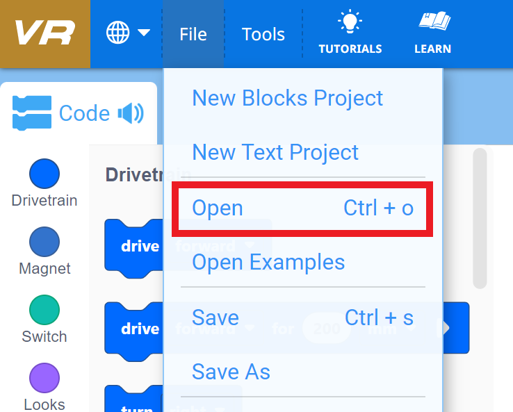 VEXcode VR File menu with options to load a project and save or save as a project to the Chromebook