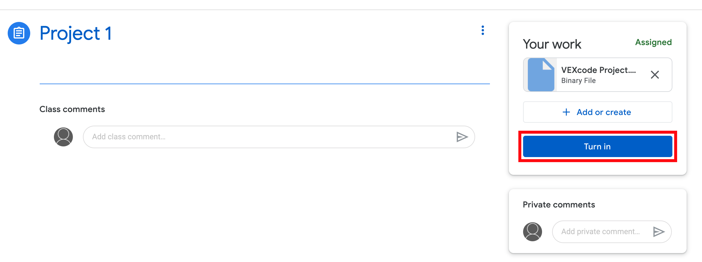 Turn In menu showing options to submit a VEXcode VR project to a teacher