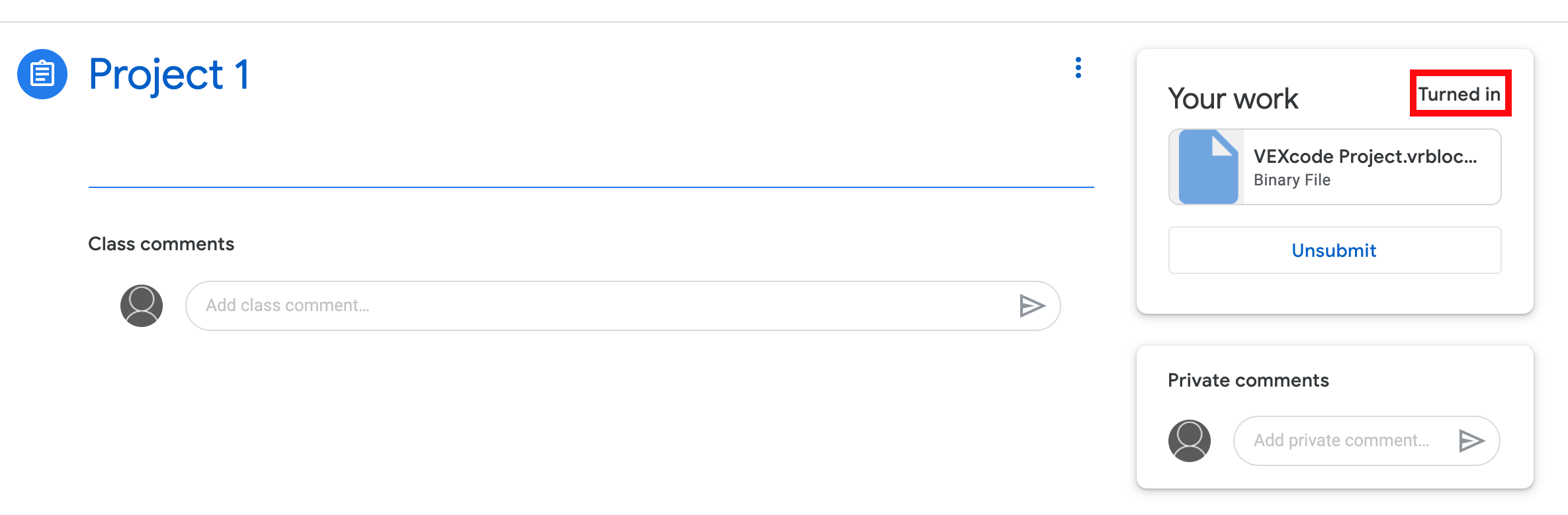 Confirmation that the project was turned in successfully in VEXcode VR