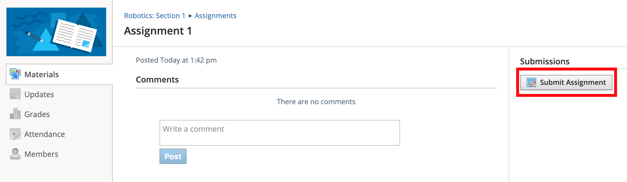 Submit Assignment button in the VEXcode VR toolbar for turning in a project