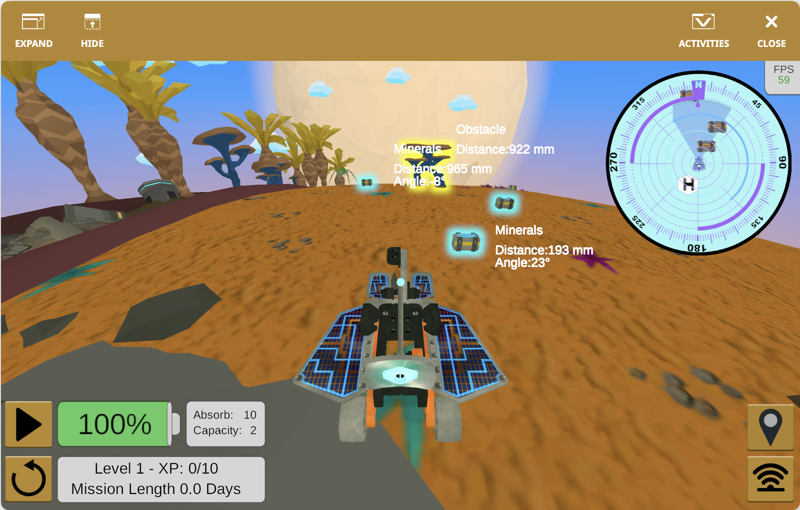 VEXcode VR Rover Rescue project with the rover and block code for collecting minerals