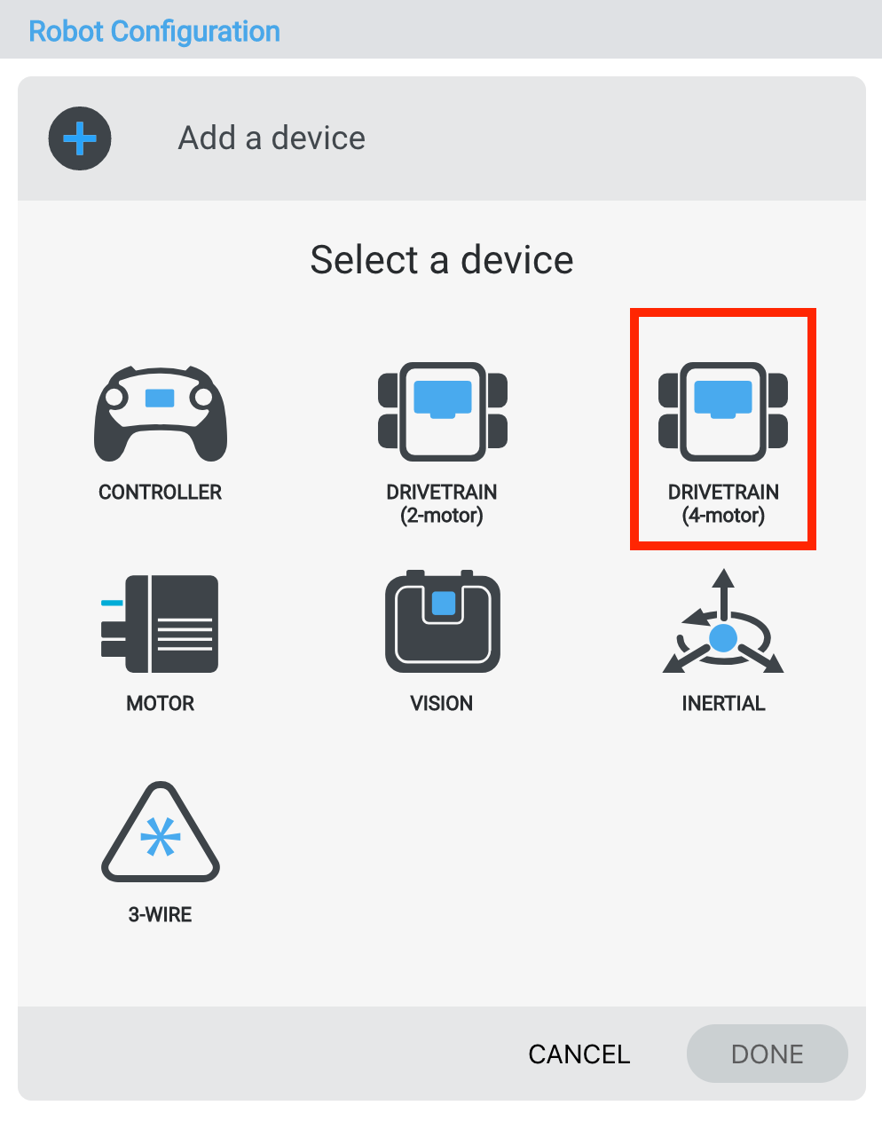 Device selection window with ‘Drivetrain 4-Motor’ option highlighted.