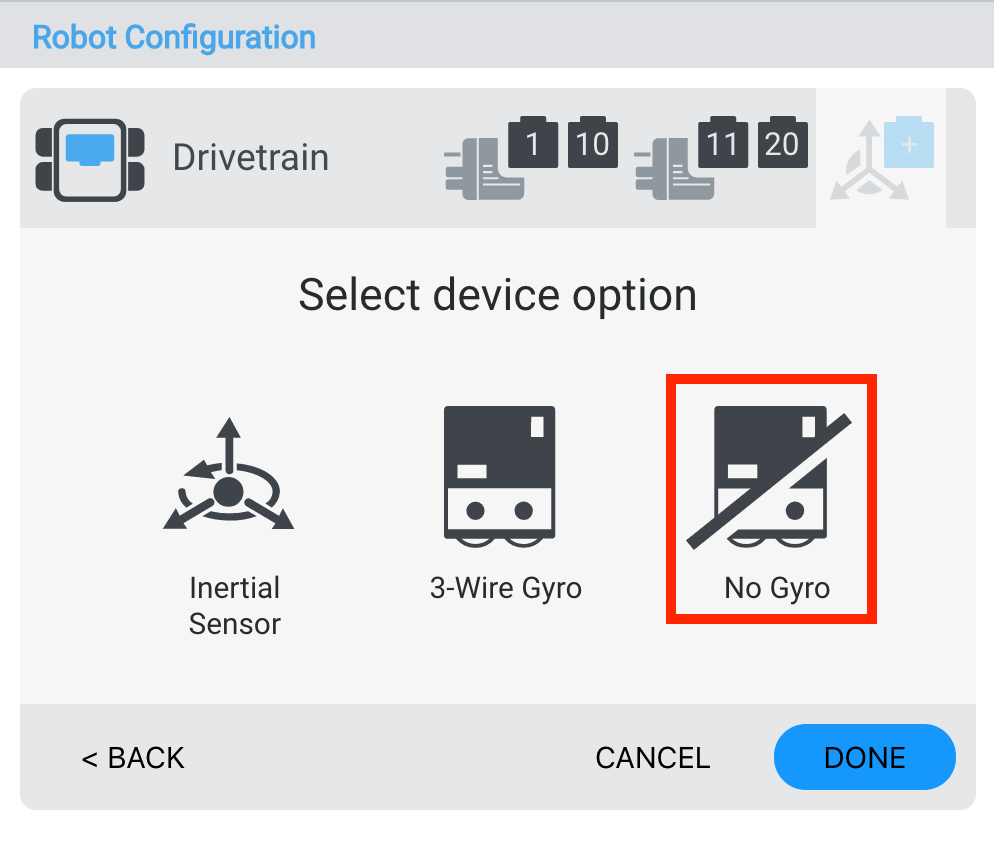 Robot Configuration window with ‘No Gyro’ option selected for the drivetrain.
