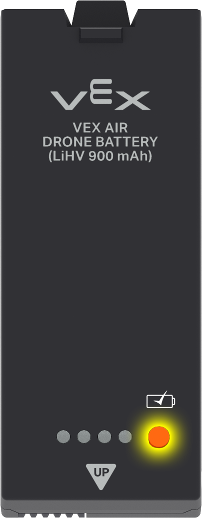 VEX AIR Drone Battery with the battery status button highlighted beside the 4 LEDs on the bottom of the battery.