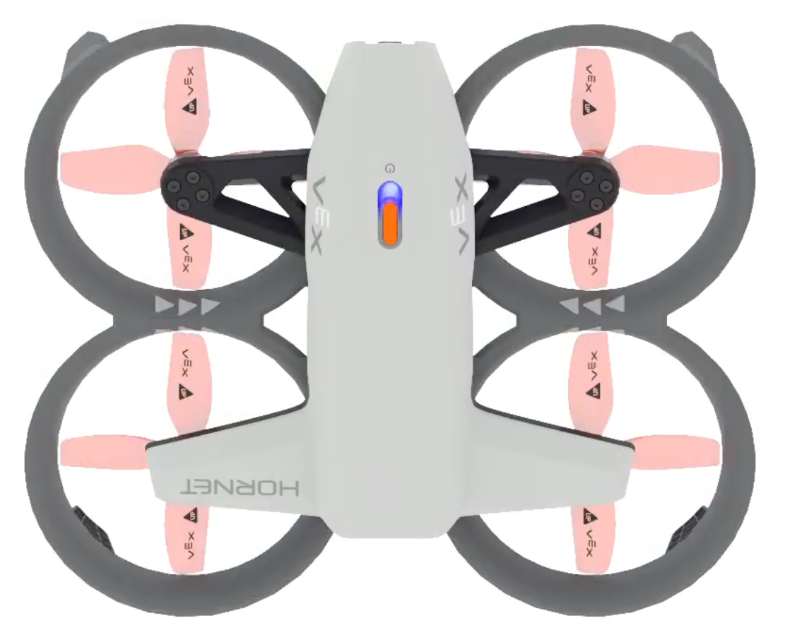 A top down view of the VEX AIR Drone with the LED indicator on the power button glowing blue, indicating the Propeller Lock is on.