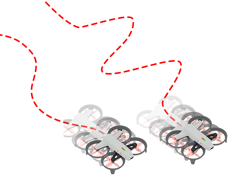 Two VEX AIR Drones fly side by side, the one on the left moving more slowly, and the one on the right moving more quickly and zigzagging.