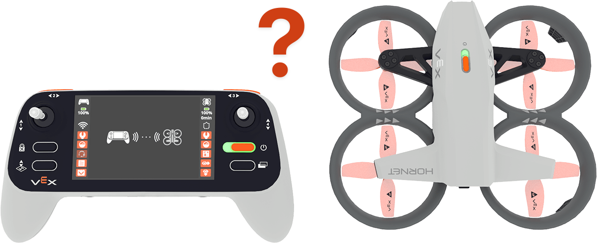 A VEX AIR Drone with a green indicator light on the right, and a VEX AIR Drone Controller with the connection screen showing on the left, with a question mark between the two.