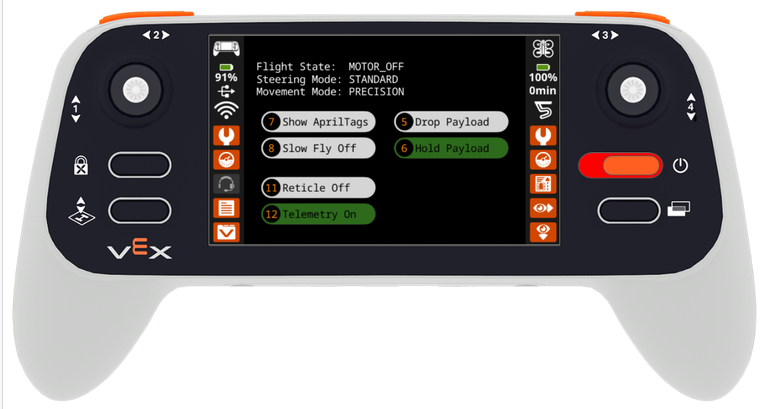 A VEX AIR Drone Controller with the Display screen of the default fly project showing and the LED indicator showing red.